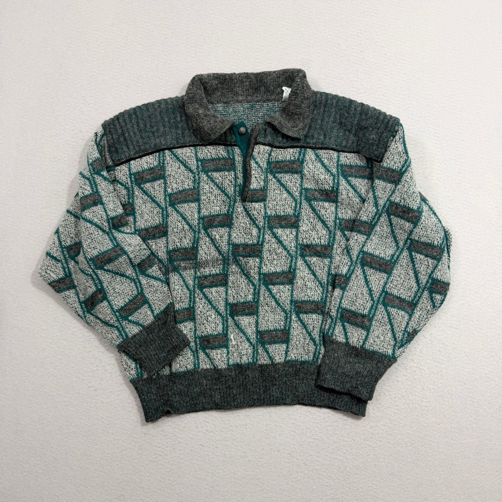 Vintage Sweater Large Grey Abstract Geometric Wool Blend Made in Italy Pullover